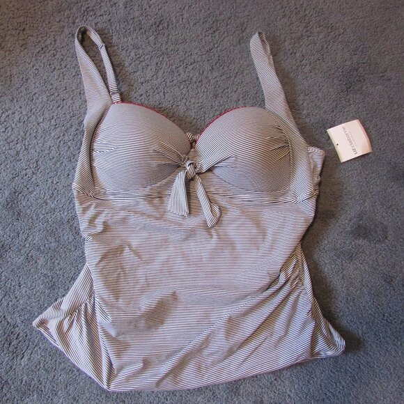 NWT Liz Claiborne XL Navy White Mini Stripe Pad Bra Tankini Swim Top VNeck - Picture 1 of 2